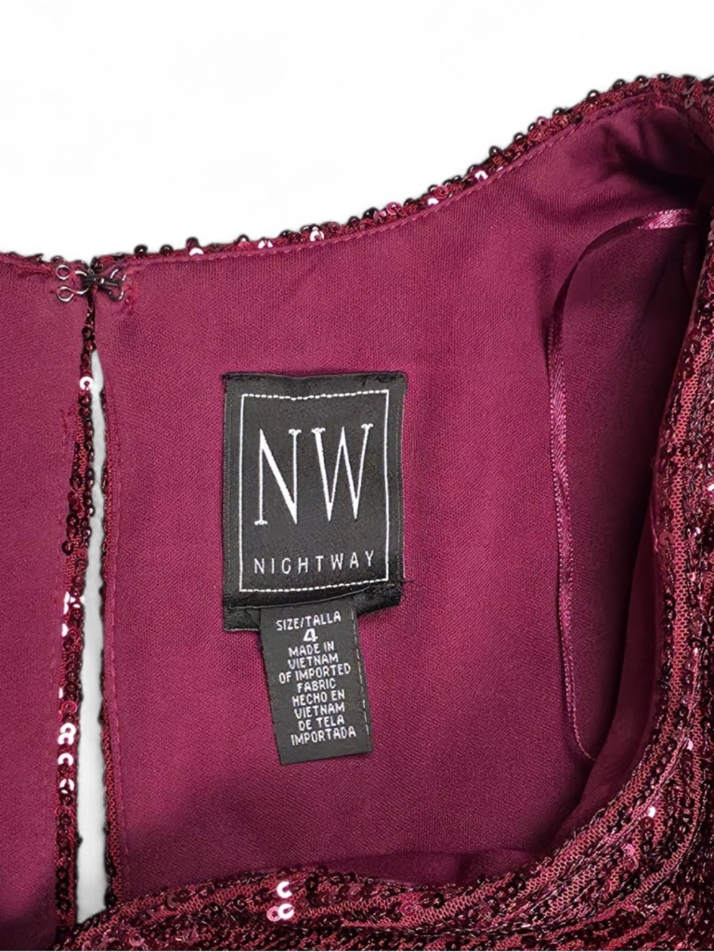 Nightway Burgundy Sequin Maxi Evening Dress 3/4 Flutter Sleeve V-Neck Zip Size 4 - Picture 3 of 4